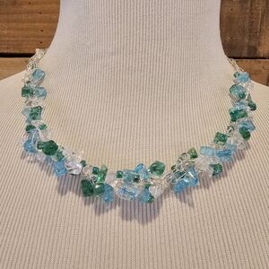 Blue and Green "Rock Candy" Beaded Necklace On Silvertone Crocheted Wire